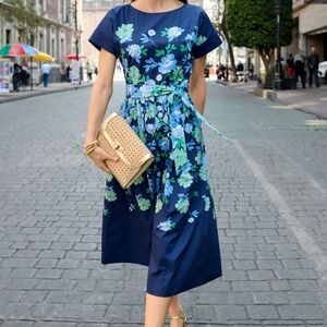Talbots Navy and Green Floral Midi Dress